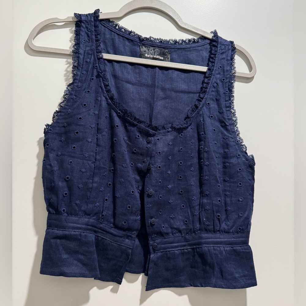 Reformation Midnight Blue Blouse with Lace Detail